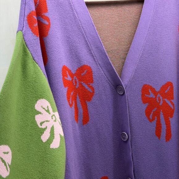 Monki Purple and Green Cardigan with Red Bow Pattern - Picture 4 of 9